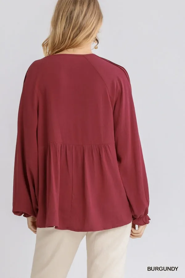 Pleated Detail Babydoll Top, Burgundy