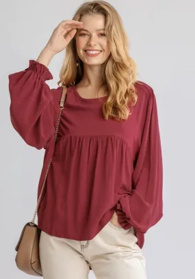 Pleated Detail Babydoll Top, Burgundy