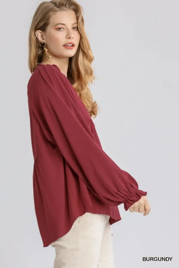 Pleated Detail Babydoll Top, Burgundy