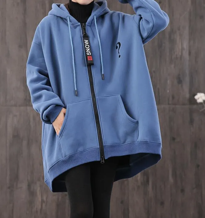 Print Hooded Loose Blouse Spring Tunic Casual Women Zipper Cotton Tops WG961707