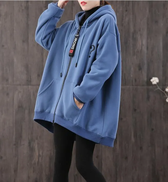 Print Hooded Loose Blouse Spring Tunic Casual Women Zipper Cotton Tops WG961707