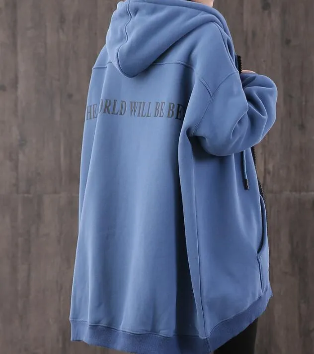 Print Hooded Loose Blouse Spring Tunic Casual Women Zipper Cotton Tops WG961707
