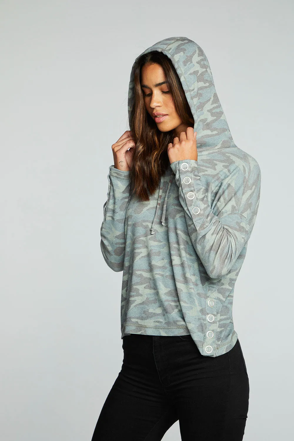 Recycled Vintage Rib Drop Shoulder Snap Detail Pullover Hoodie