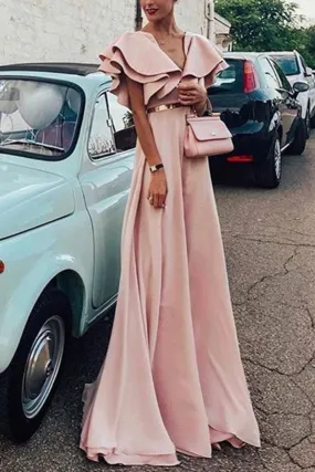 Sexy Pink Short Sleeves V Neck Maxi Dress