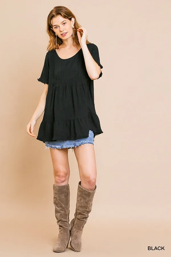 Short Ruffle Sleeve Tunic, Black
