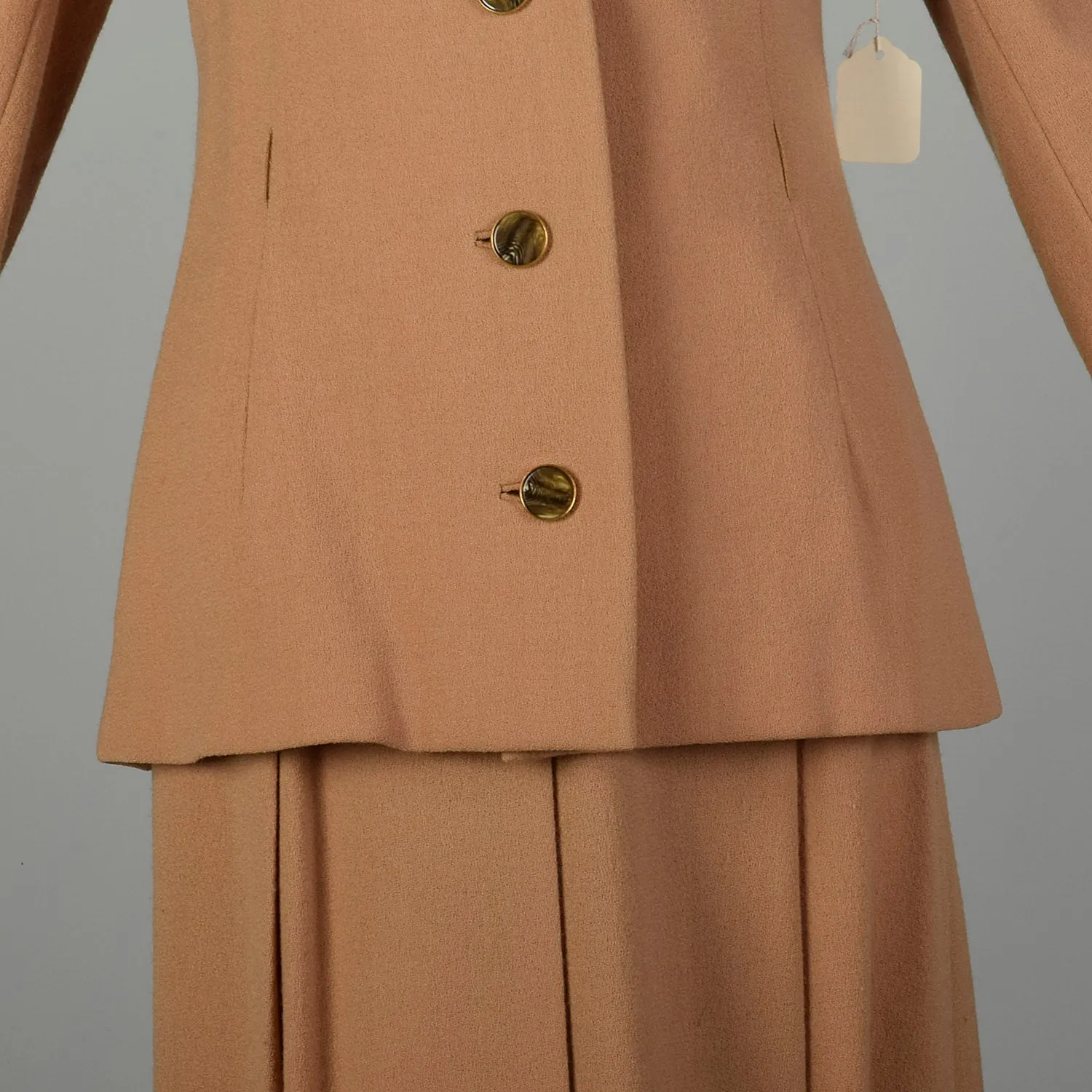 Small 1970s Suit Minimalist Camel Pleated Skirt 2pc Blazer Ensemble