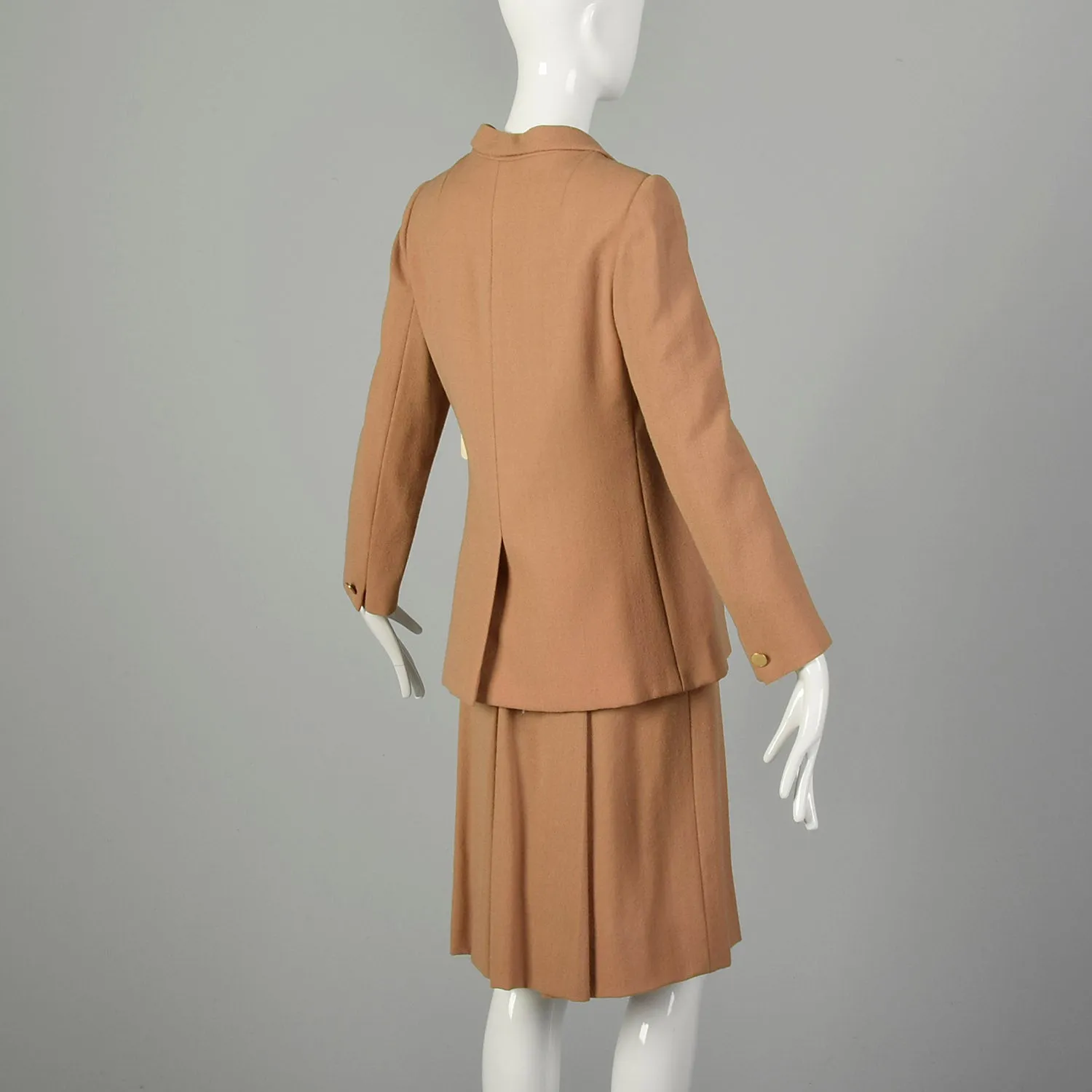 Small 1970s Suit Minimalist Camel Pleated Skirt 2pc Blazer Ensemble