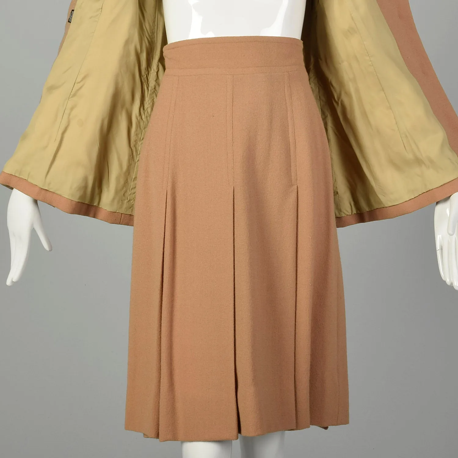 Small 1970s Suit Minimalist Camel Pleated Skirt 2pc Blazer Ensemble
