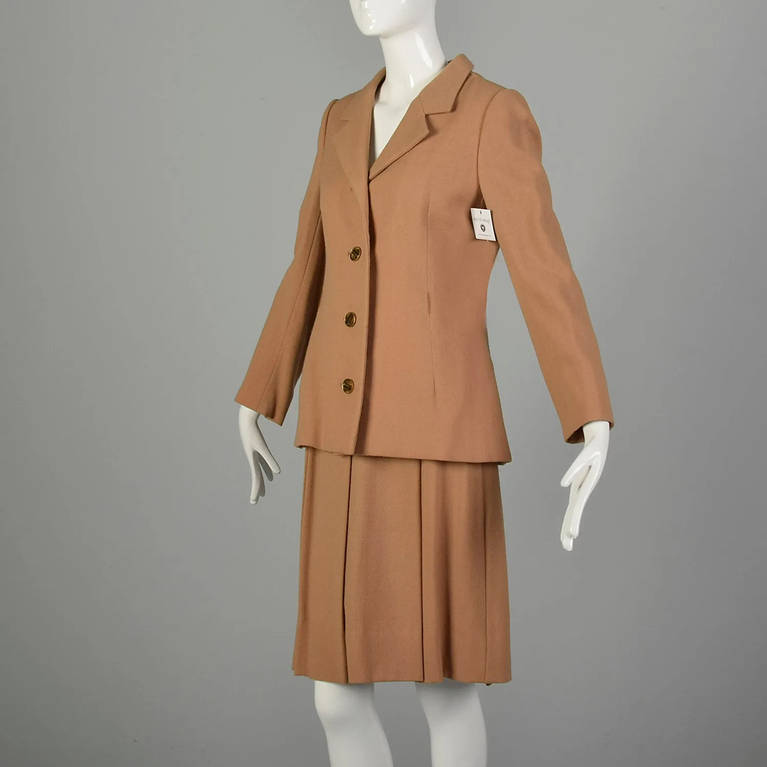 Small 1970s Suit Minimalist Camel Pleated Skirt 2pc Blazer Ensemble