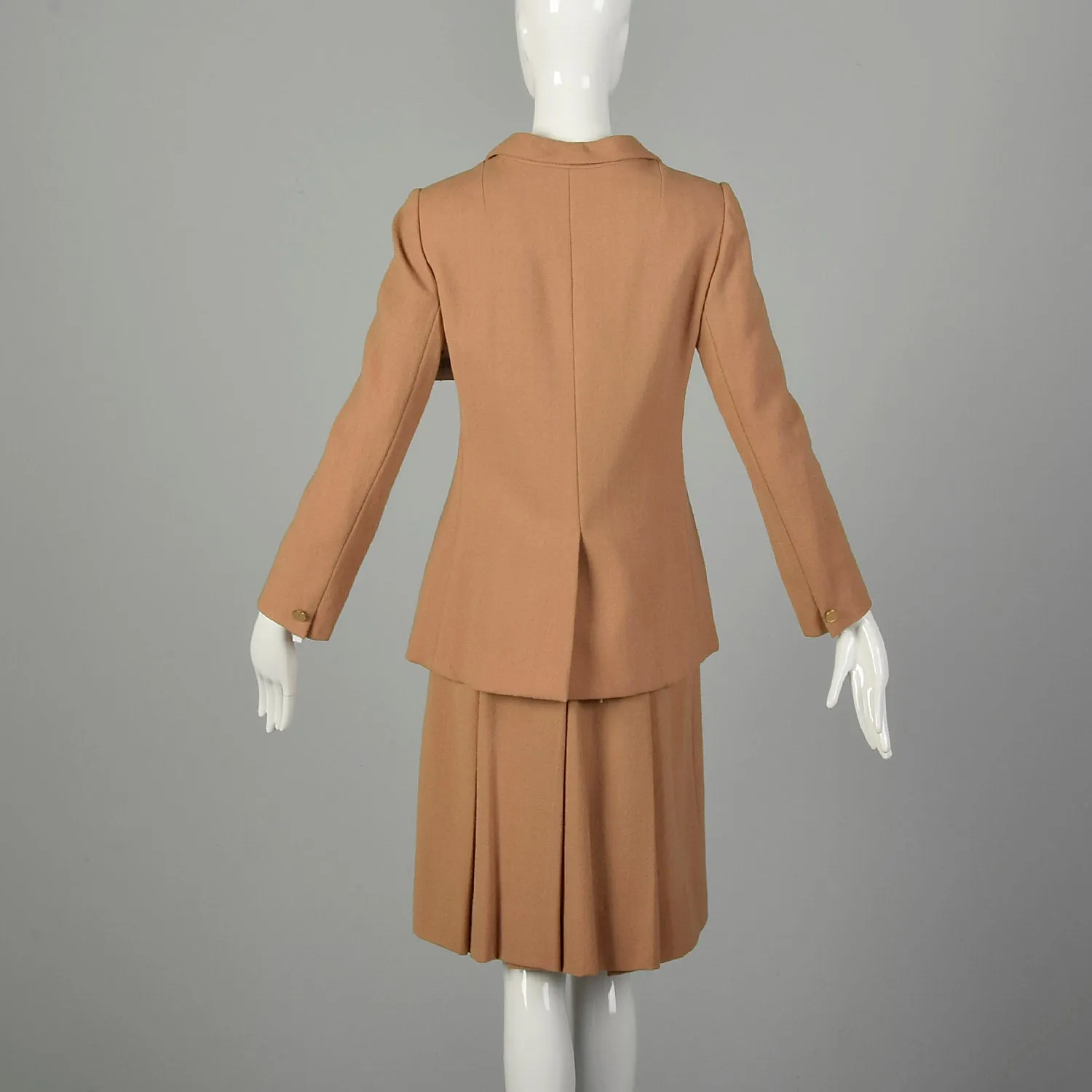 Small 1970s Suit Minimalist Camel Pleated Skirt 2pc Blazer Ensemble