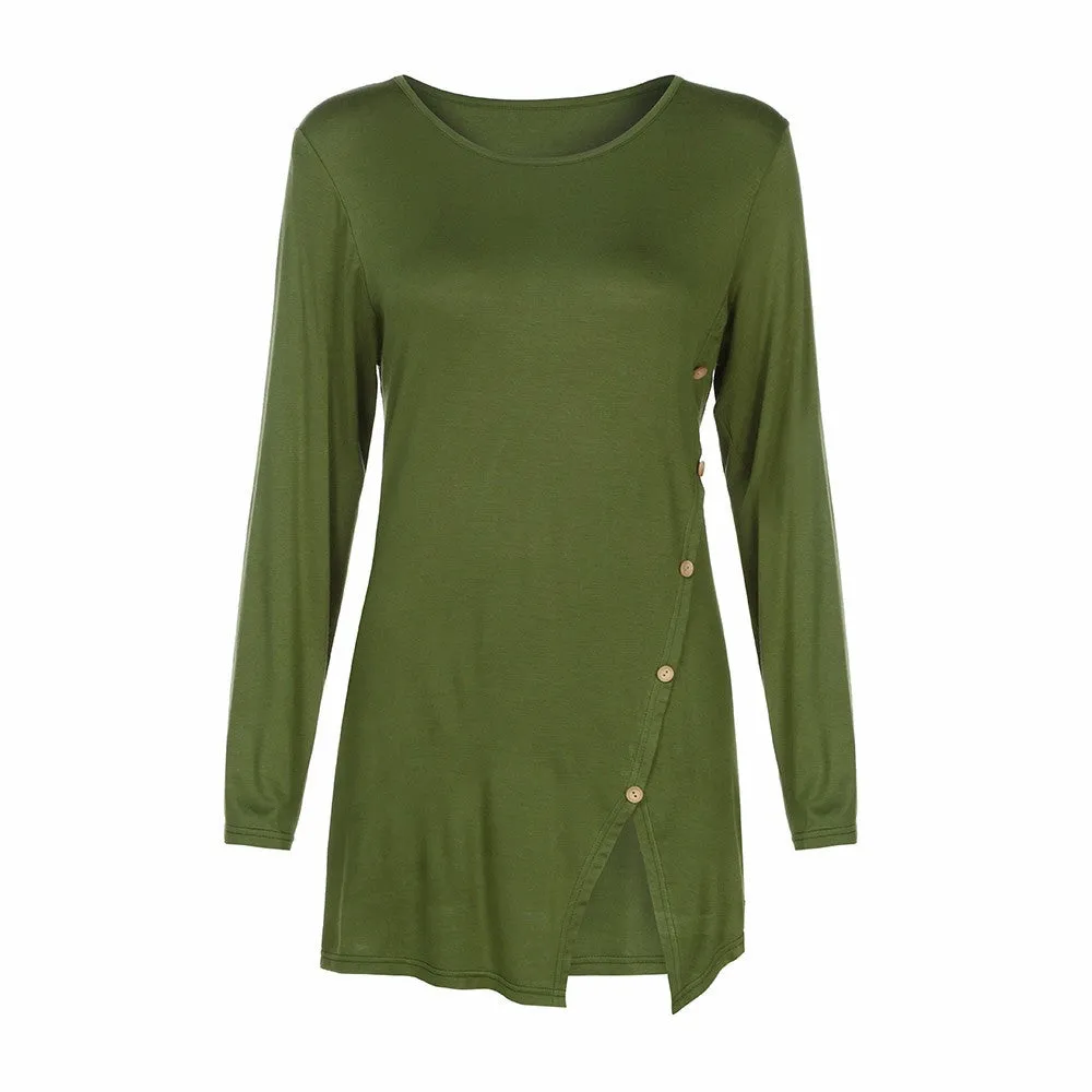 Split Hemline Asymmetric Casual T-Shirt Blouse Tunic Top With Buttons