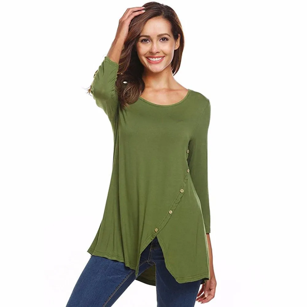 Split Hemline Asymmetric Casual T-Shirt Blouse Tunic Top With Buttons