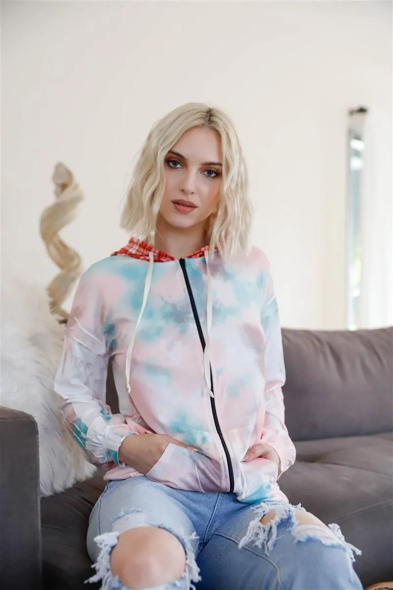 Tie-Dye Contrast Plaid Hood Hoodie Sweatshirt