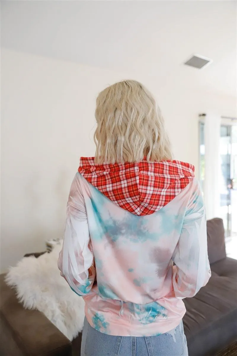 Tie-Dye Contrast Plaid Hood Hoodie Sweatshirt