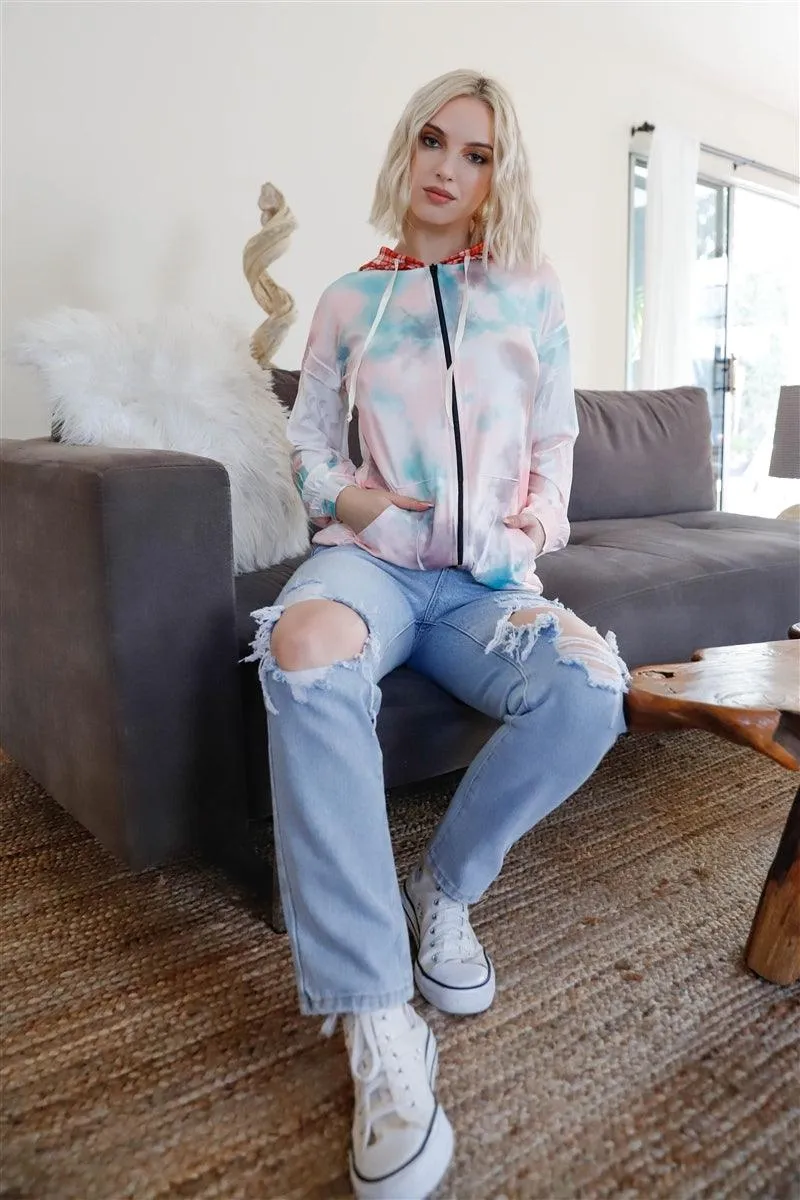 Tie-Dye Contrast Plaid Hood Hoodie Sweatshirt