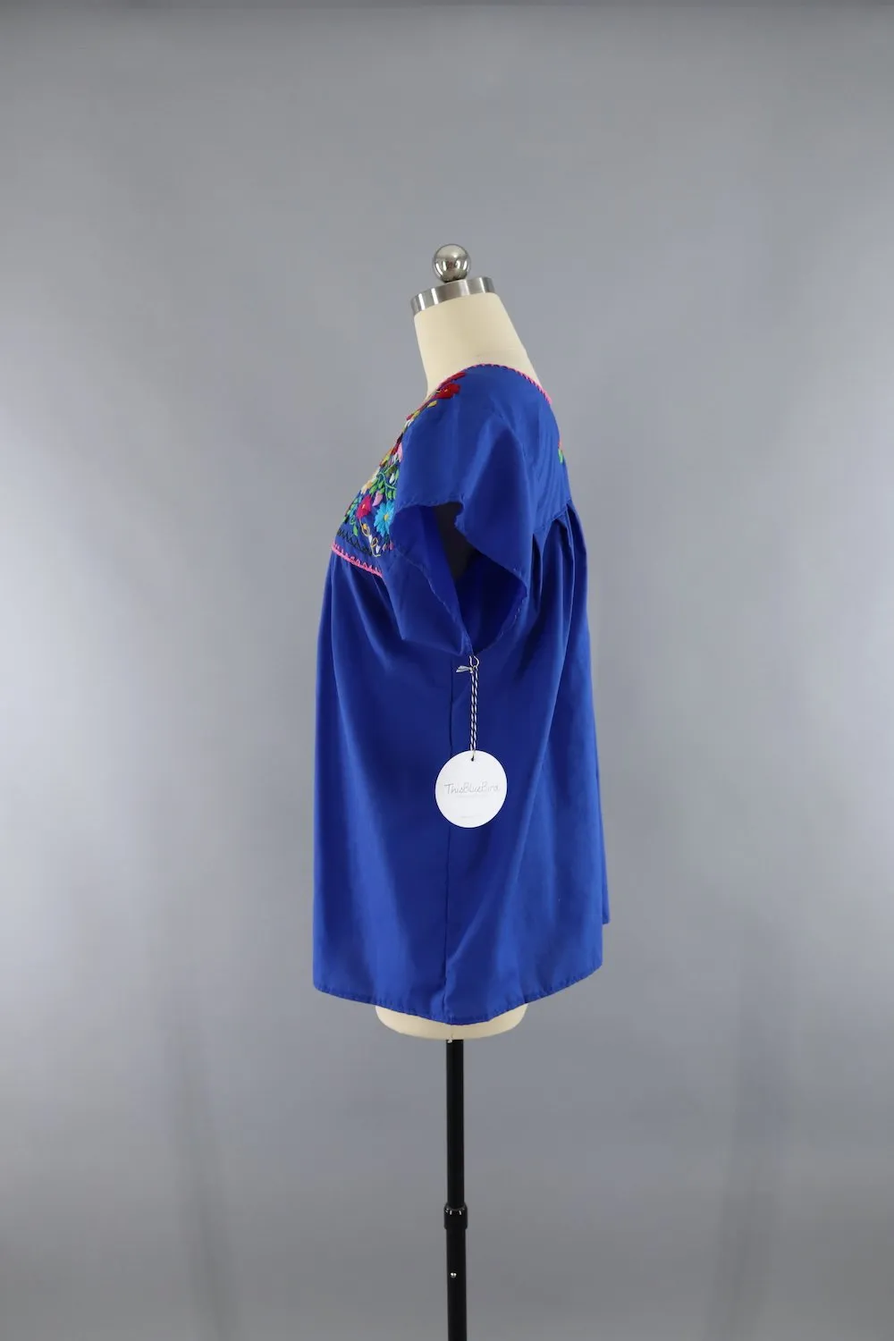 Vintage 1970s Blue Mexican Embroidered Tunic Blouse