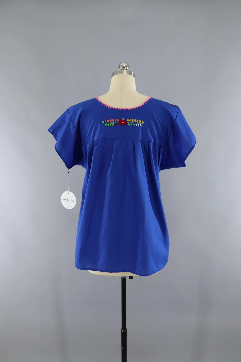 Vintage 1970s Blue Mexican Embroidered Tunic Blouse
