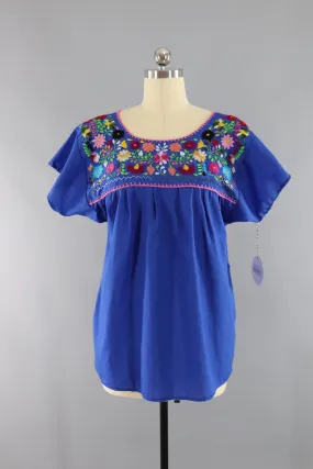 Vintage 1970s Blue Mexican Embroidered Tunic Blouse