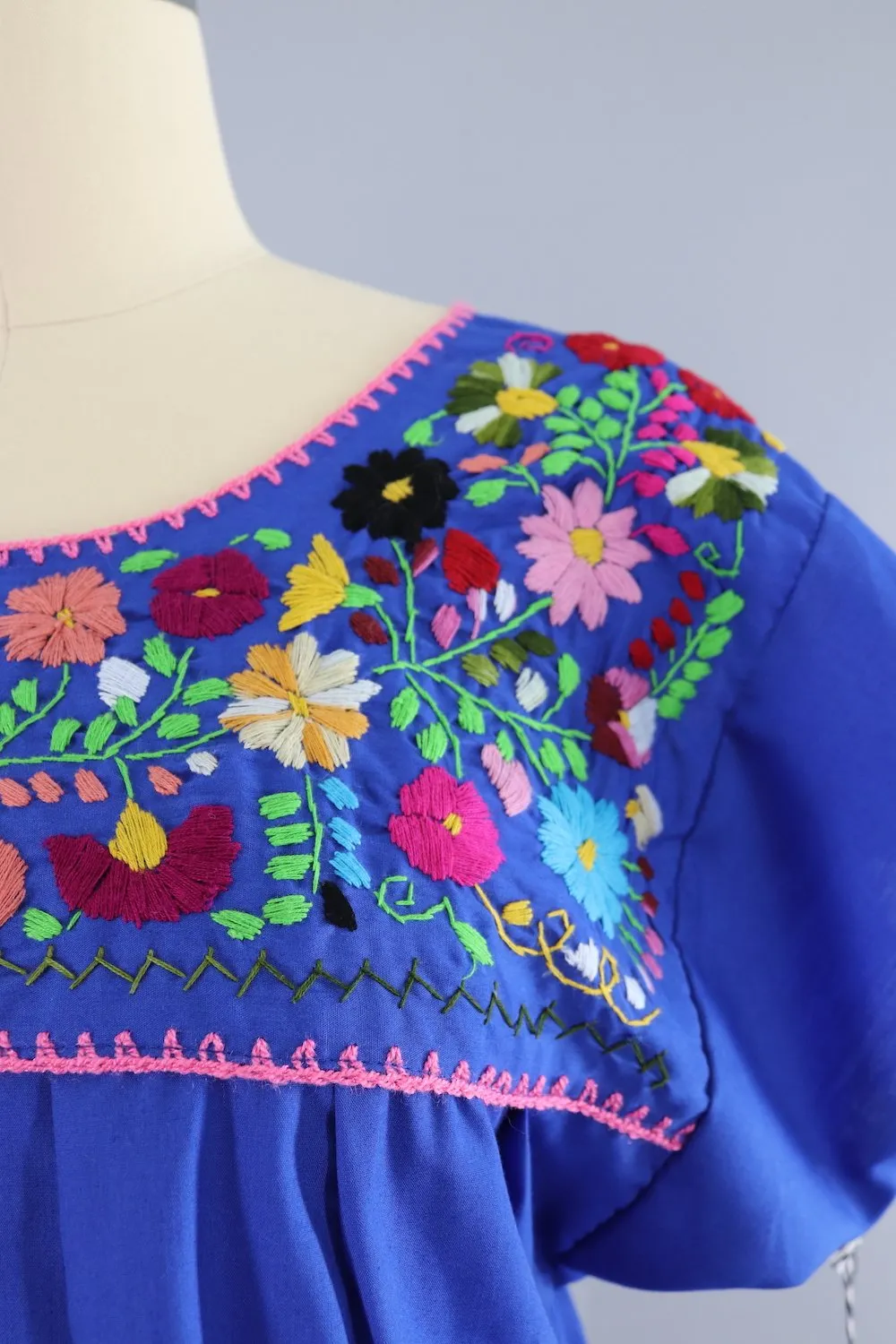 Vintage 1970s Blue Mexican Embroidered Tunic Blouse