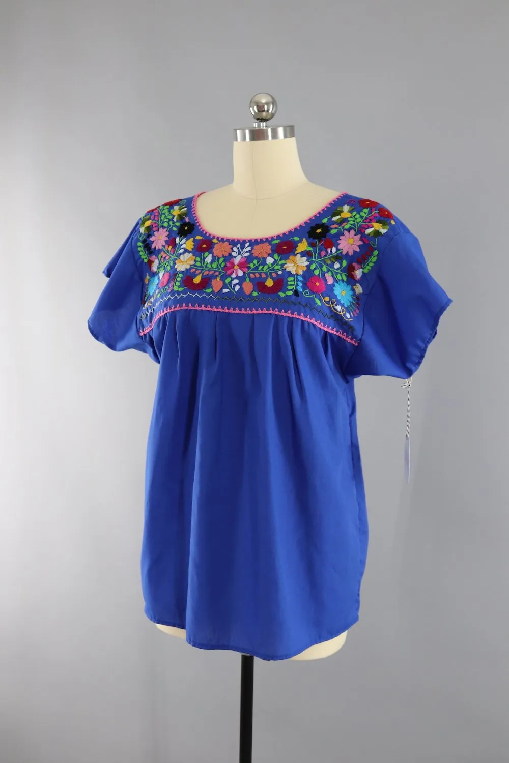 Vintage 1970s Blue Mexican Embroidered Tunic Blouse