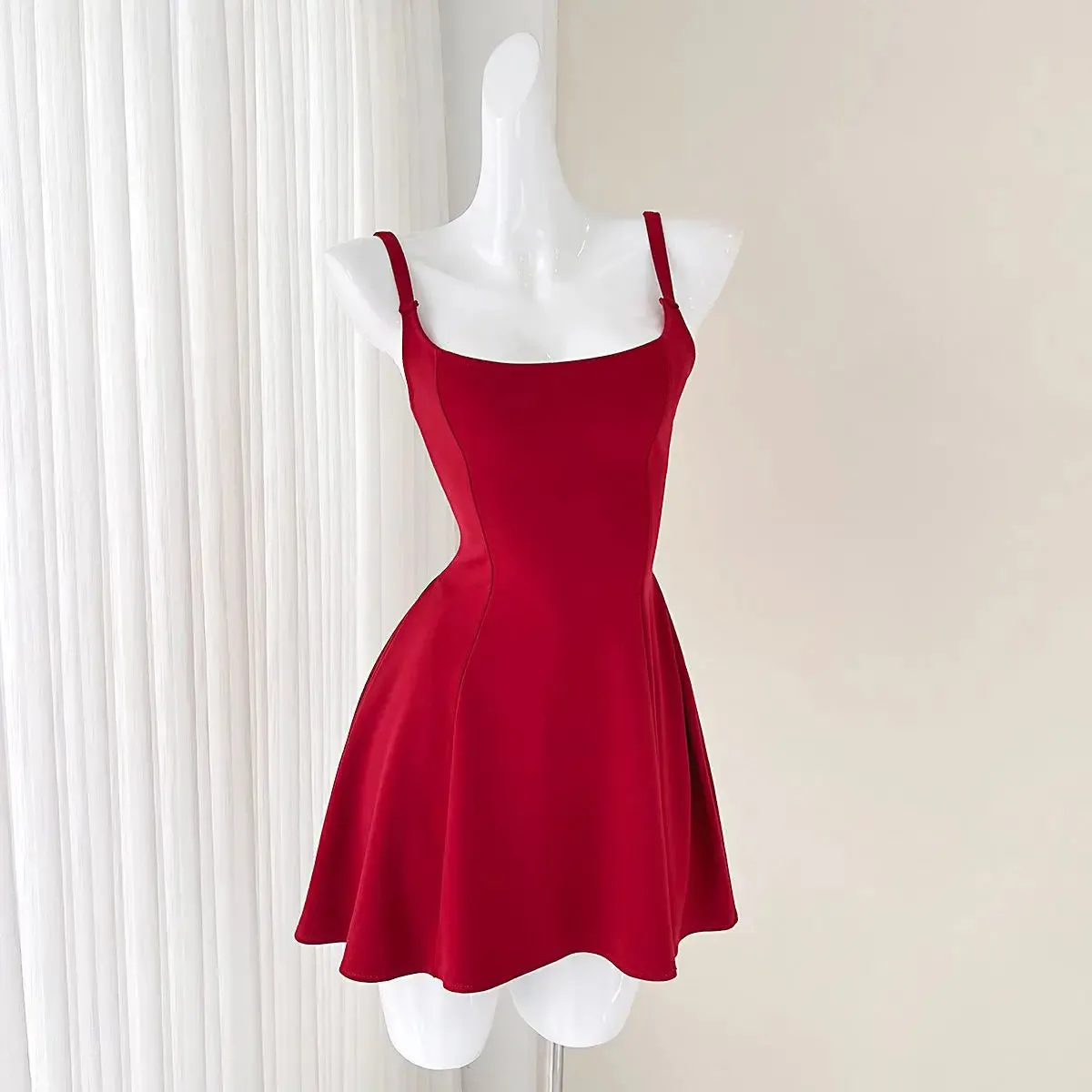 Wenkouban Square Neck Strap Dress Women's Summer Korean Edition Black Grey Sleeveless High Waist A-line Shirring Design Sexy Mini Dress