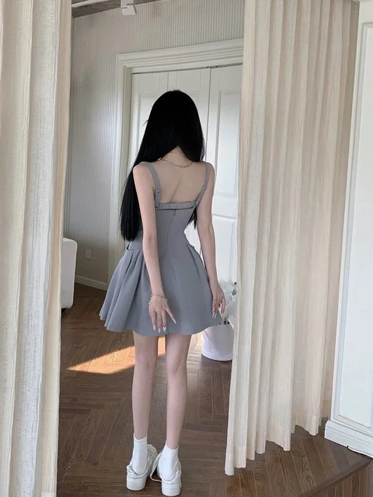 Wenkouban Square Neck Strap Dress Women's Summer Korean Edition Black Grey Sleeveless High Waist A-line Shirring Design Sexy Mini Dress