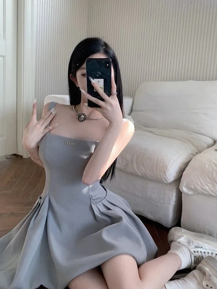 Wenkouban Square Neck Strap Dress Women's Summer Korean Edition Black Grey Sleeveless High Waist A-line Shirring Design Sexy Mini Dress