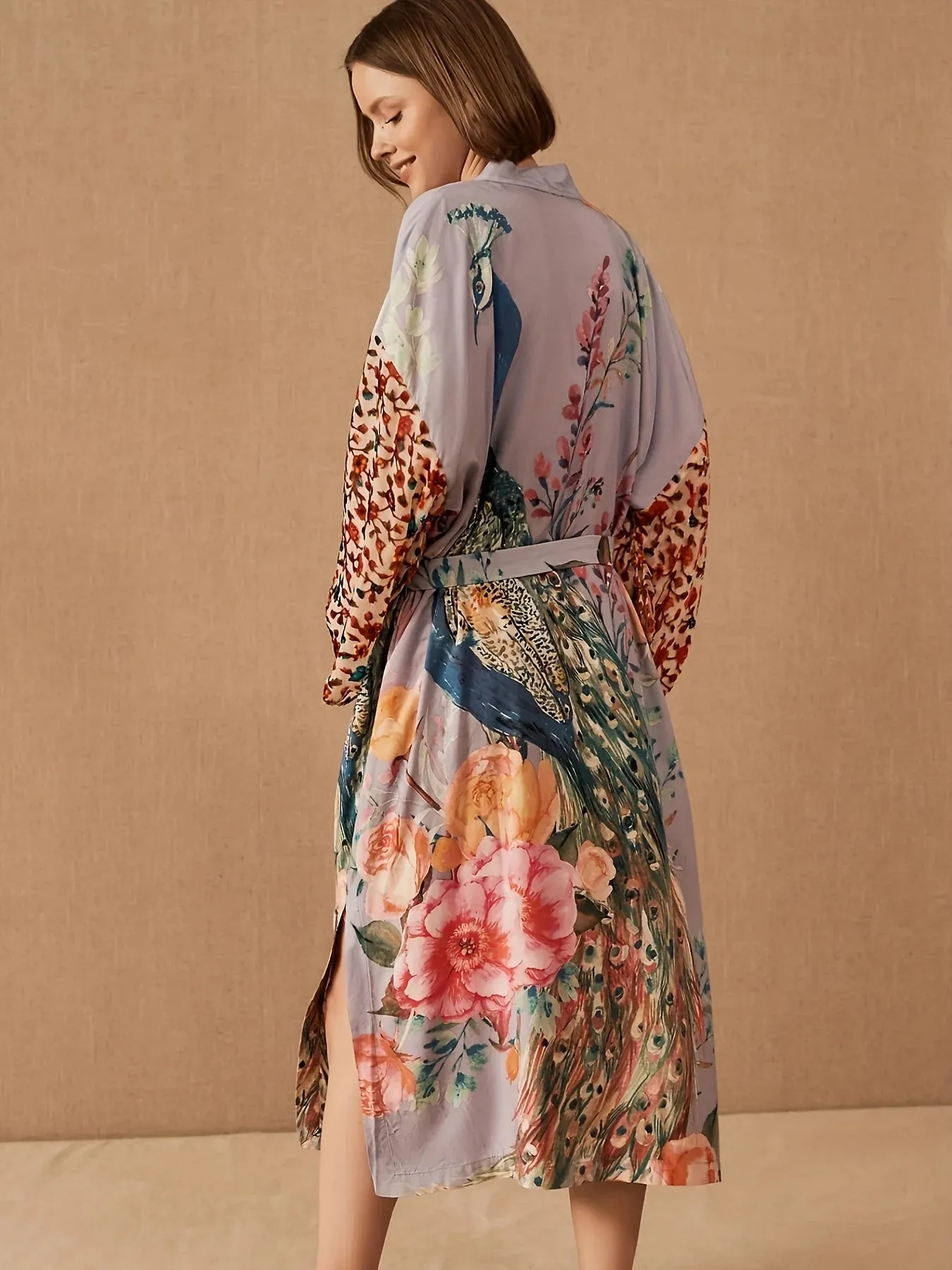 Women's Beach Kimono: Peacock Printed Swimsuit Cover Up and Self-Belted Wrap Dress - Perfect for Seaside Sophistication and Beachwear Glamour