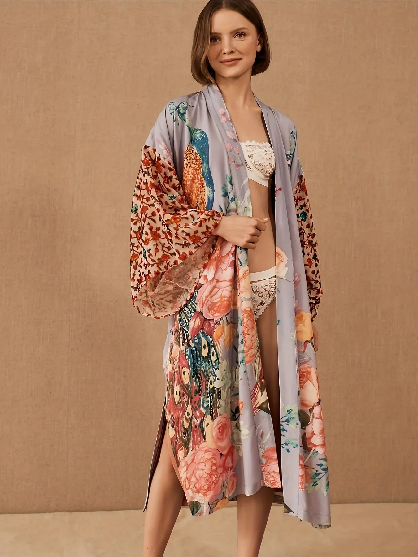 Women's Beach Kimono: Peacock Printed Swimsuit Cover Up and Self-Belted Wrap Dress - Perfect for Seaside Sophistication and Beachwear Glamour