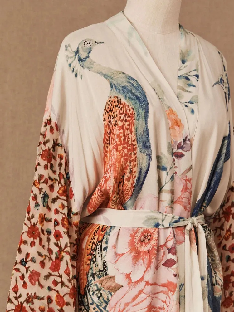 Women's Beach Kimono: Peacock Printed Swimsuit Cover Up and Self-Belted Wrap Dress - Perfect for Seaside Sophistication and Beachwear Glamour
