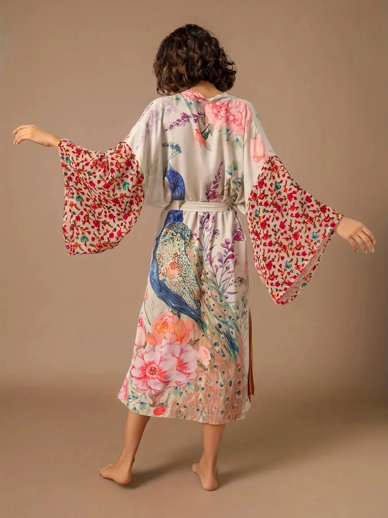 Women's Beach Kimono: Peacock Printed Swimsuit Cover Up and Self-Belted Wrap Dress - Perfect for Seaside Sophistication and Beachwear Glamour